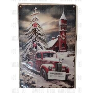 Retro Tin Sign – 8x12" 1930s Ford Truck Winter Christmas Scene Wall Decor